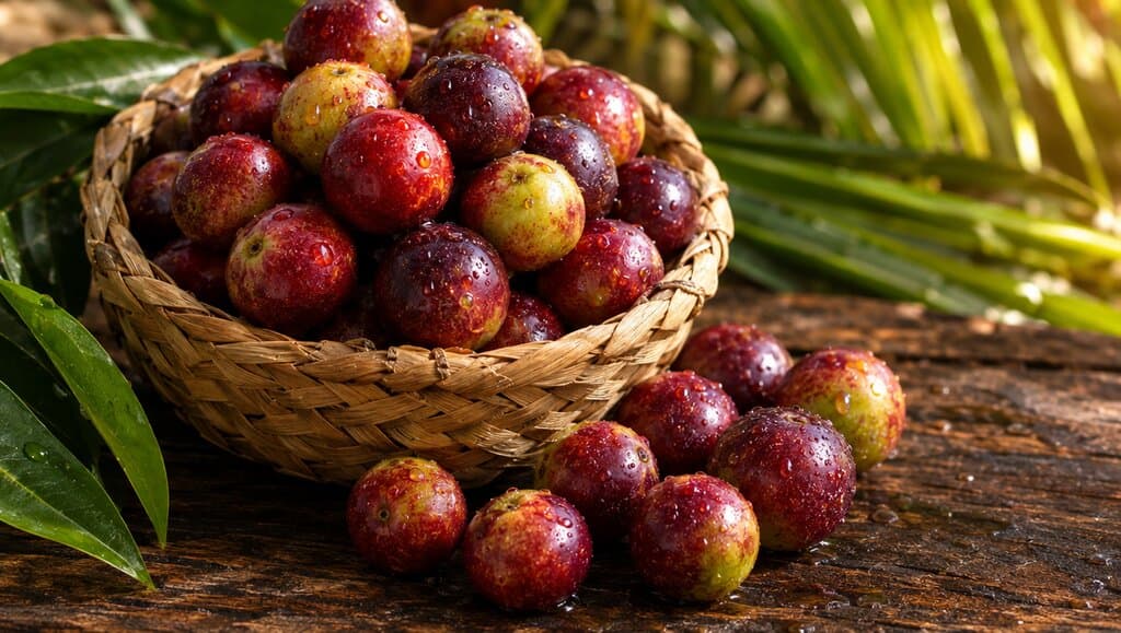 Baies fraîches de camu camu dans un petit panier tressé, quelques fruits rouge-pourpre débordant sur le bois sombre