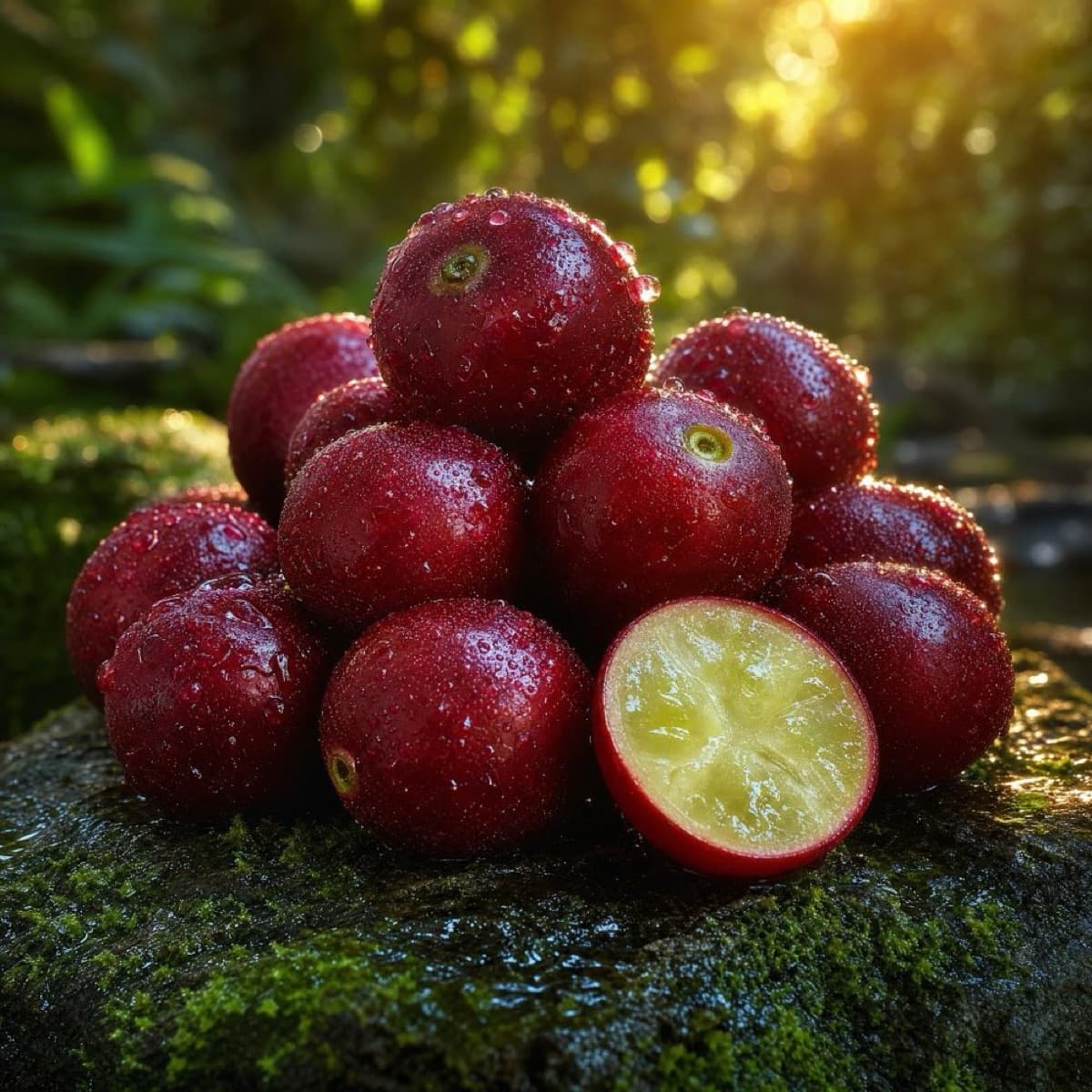 Baies de Camu Camu fraîches sur mousse — forêt amazonienne ensoleillée