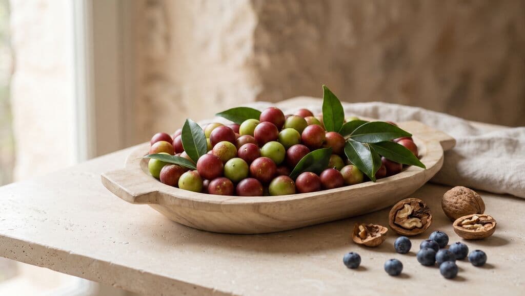 Coupe en bois de baies de camu camu et feuilles, noix ouvertes et myrtilles sur une pierre claire.