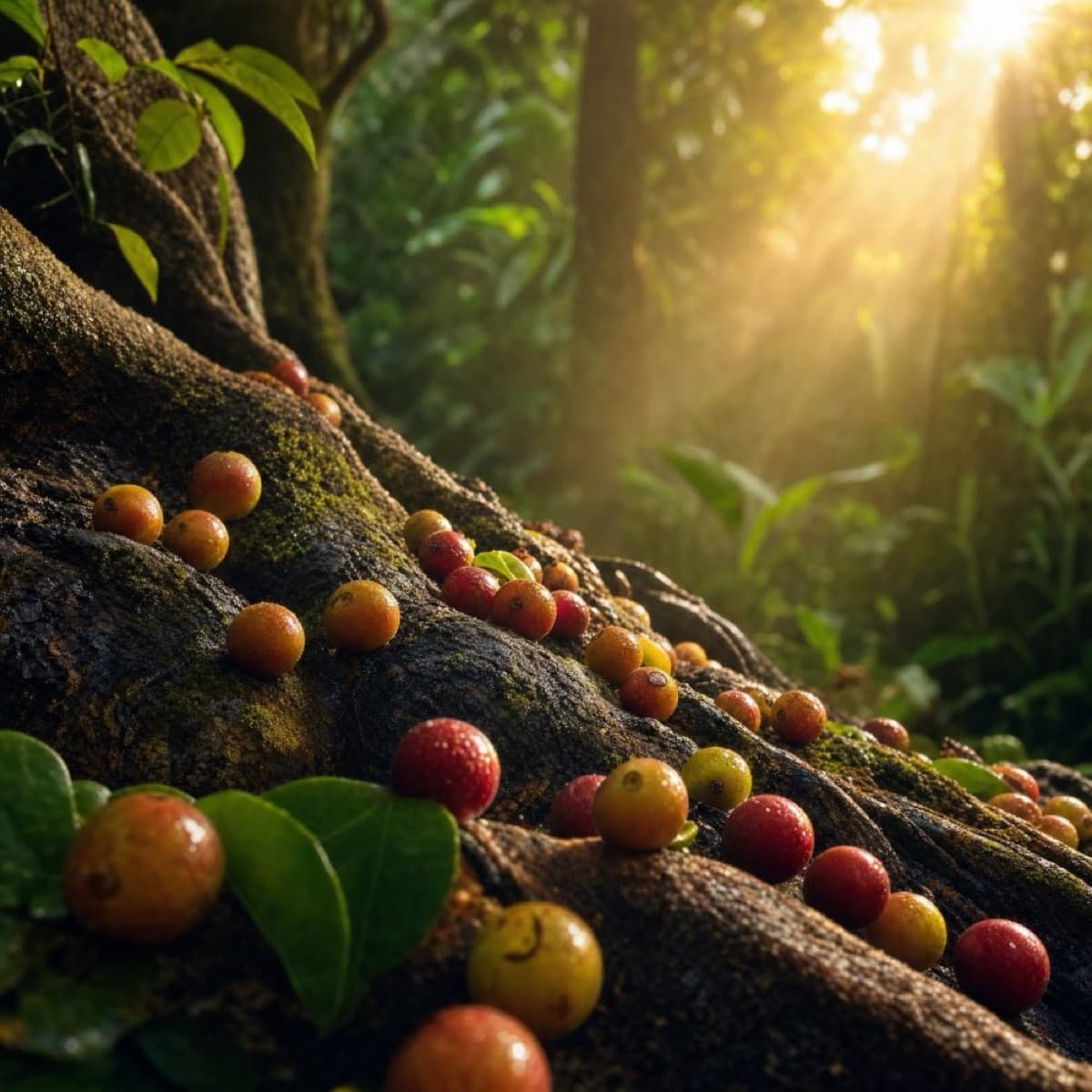 Baies de Camu Camu sur racines moussues — rayons de soleil dans la forêt amazonienne