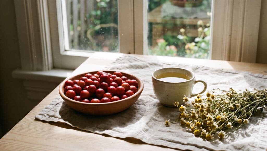 Bol de baies de camu camu rouges, tasse d'infusion claire et bouquet de camomille séchée près d'une fenêtre.