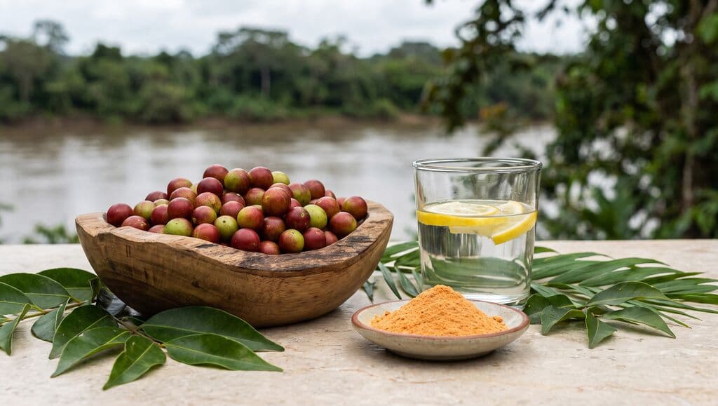 Bol en bois de baies de camu camu, verre d'eau citronnée et coupelle de poudre orange, rivière amazonienne en fond.