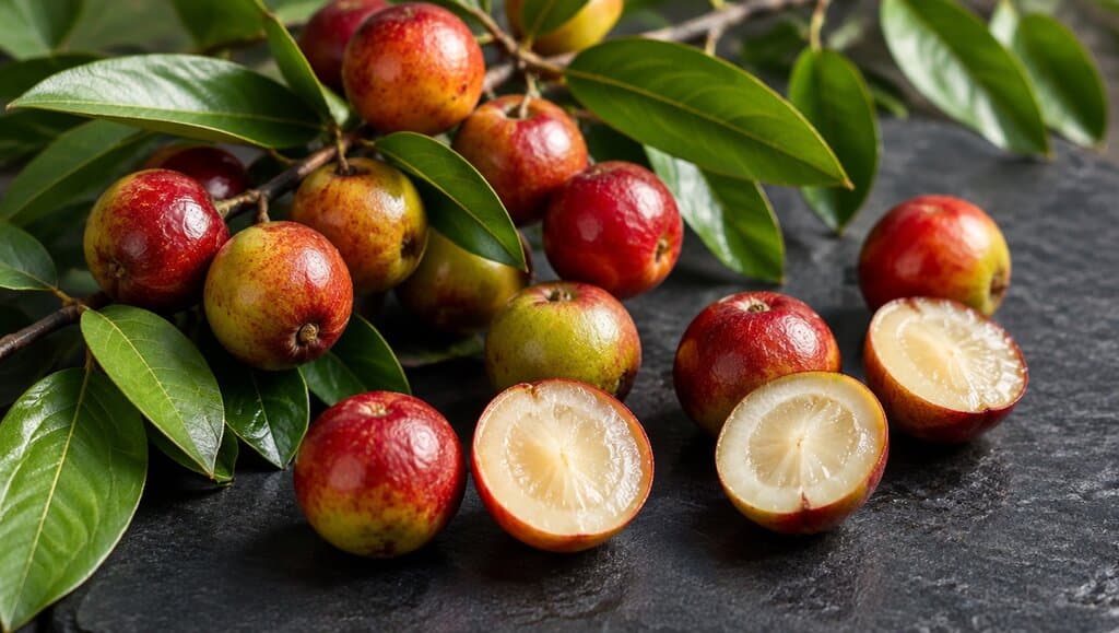 Baies de camu camu fraîches sur la branche, quelques-unes coupées, sur ardoise.
