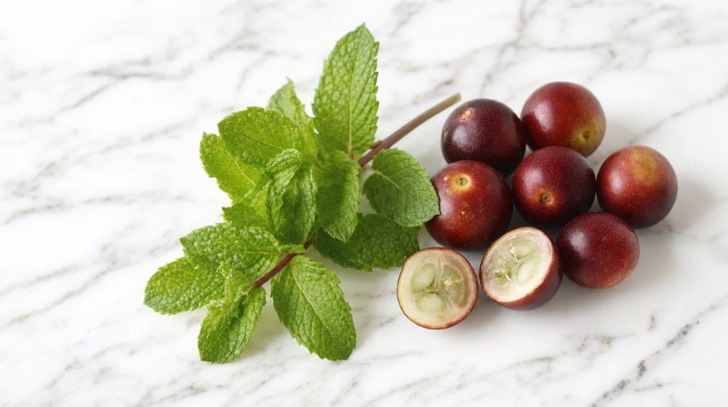 Une branche de menthe fraîche et un tas de baies rouges dont deux coupées, sur un marbre blanc veiné.