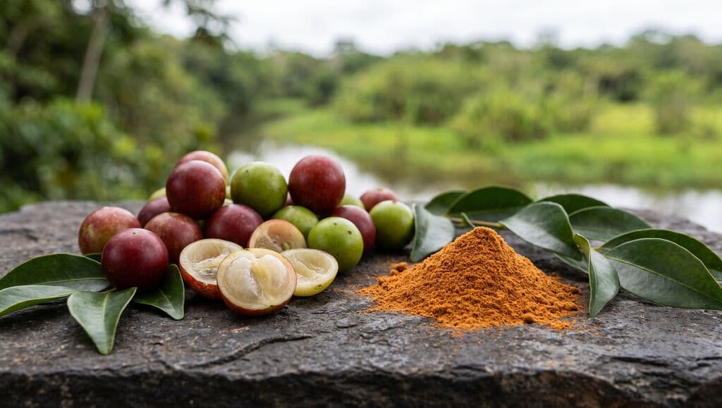 Baies de camu camu rouges et vertes, deux coupées, poudre orange et feuilles sur une pierre, rivière en fond.