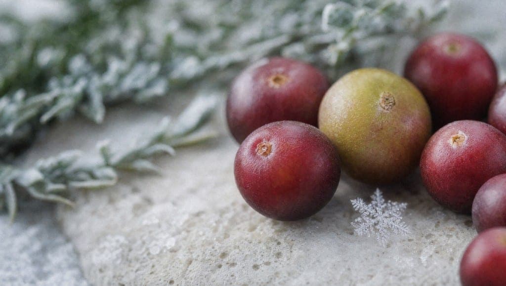 Baies de camu camu rouges et vertes sur une pierre givrée, près d'une branche couverte de gel et d'un flocon de neige
