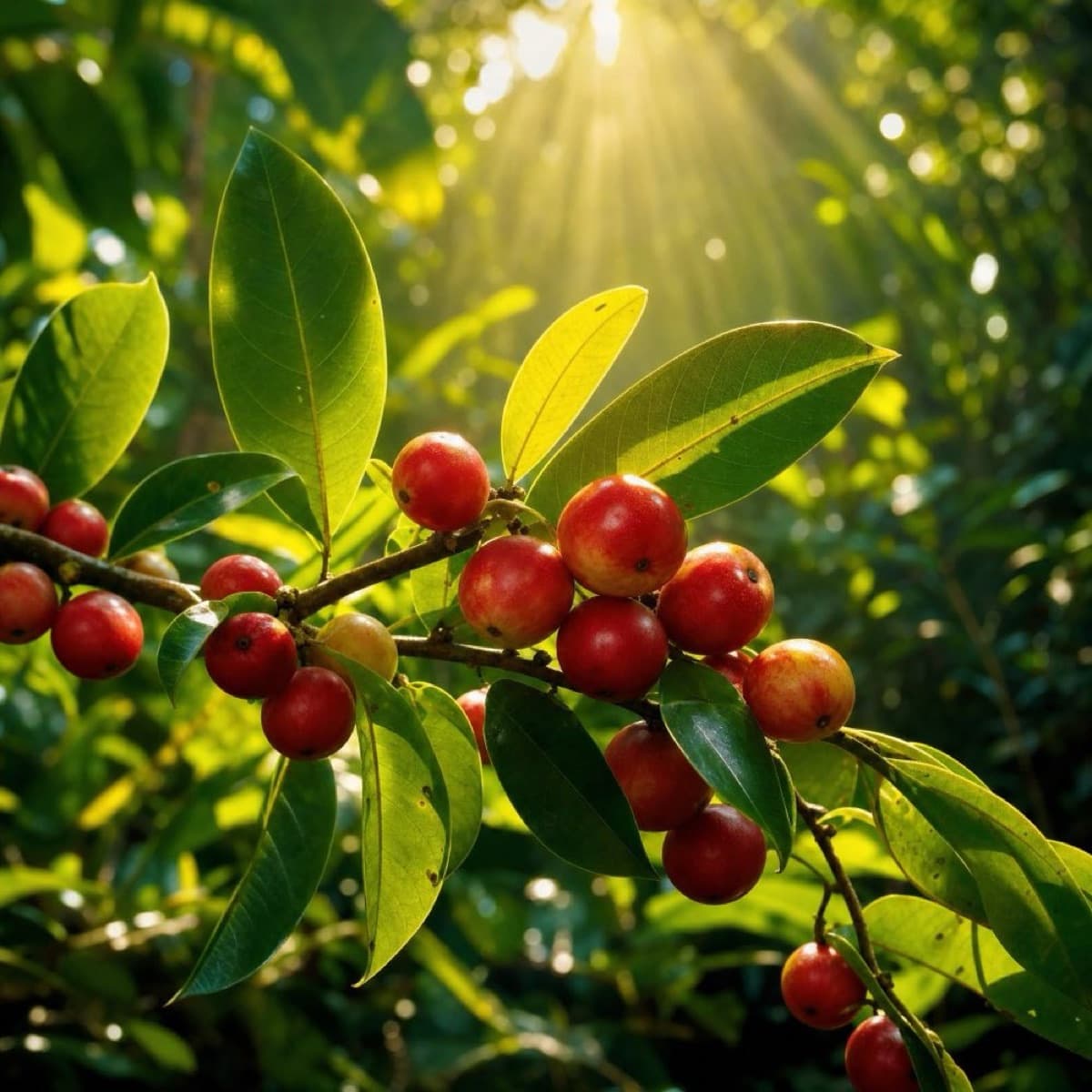 Baies de Camu Camu sur branche — lumière du soleil à travers la canopée amazonienne