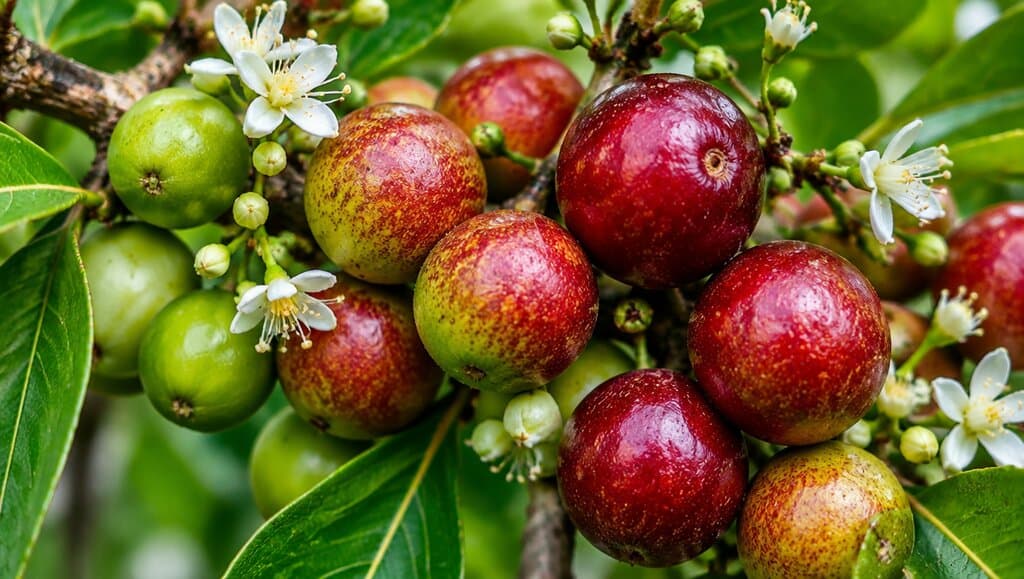 Gros plan extreme de grappe de camu camu a divers stades de maturite avec fleurs blanches