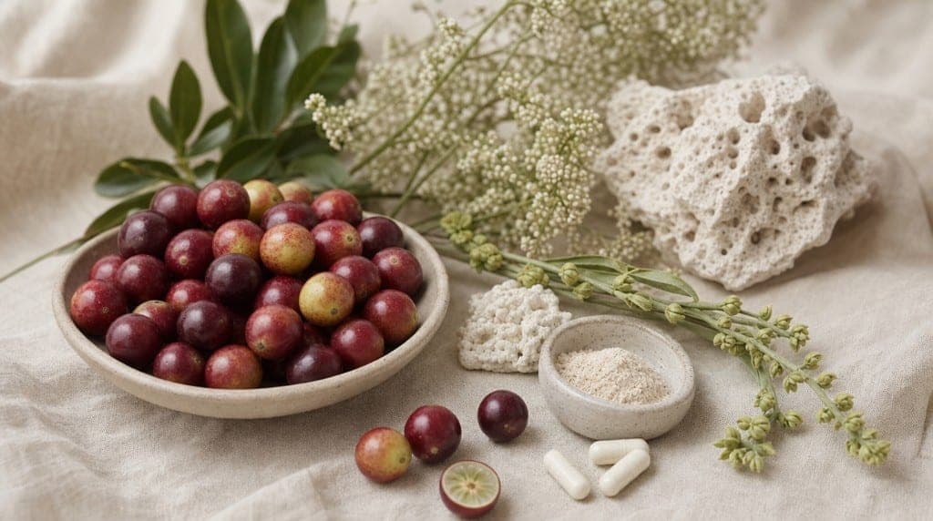 Camu Camu et ménopause : vitamine C pour le collagène osseux, antioxydants contre le stress oxydatif climatérique, donné