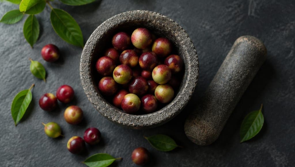 Baies de camu camu dans un mortier en pierre, un pilon posé à côté, des baies éparses et quelques feuilles vertes sur une ardoise noire.