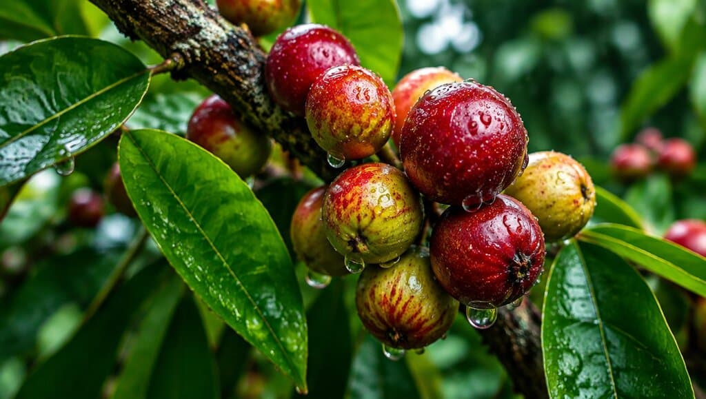 Gros plan dynamique de baies de camu camu avec gouttelettes d'eau