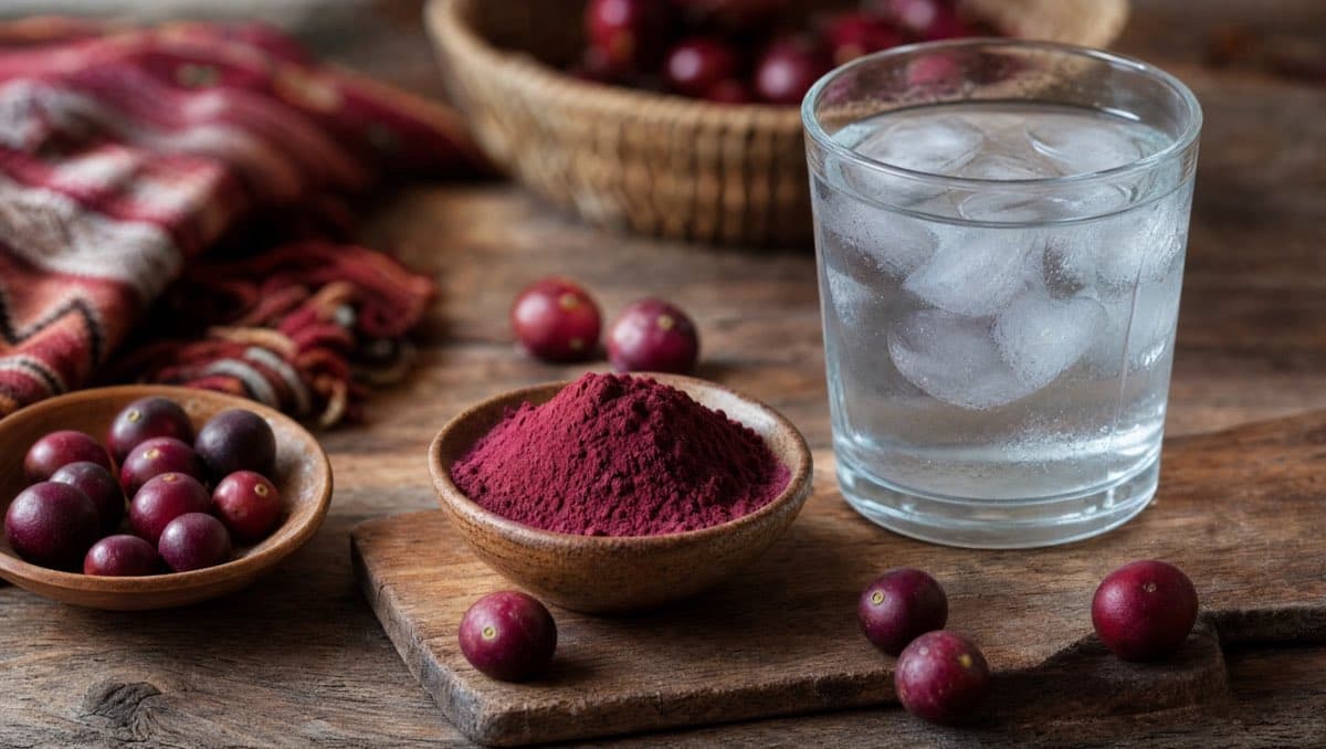 Un bol de poudre rouge sombre, des baies éparses et un verre d'eau glacée posés sur une planche de bois, avec un textile andin.