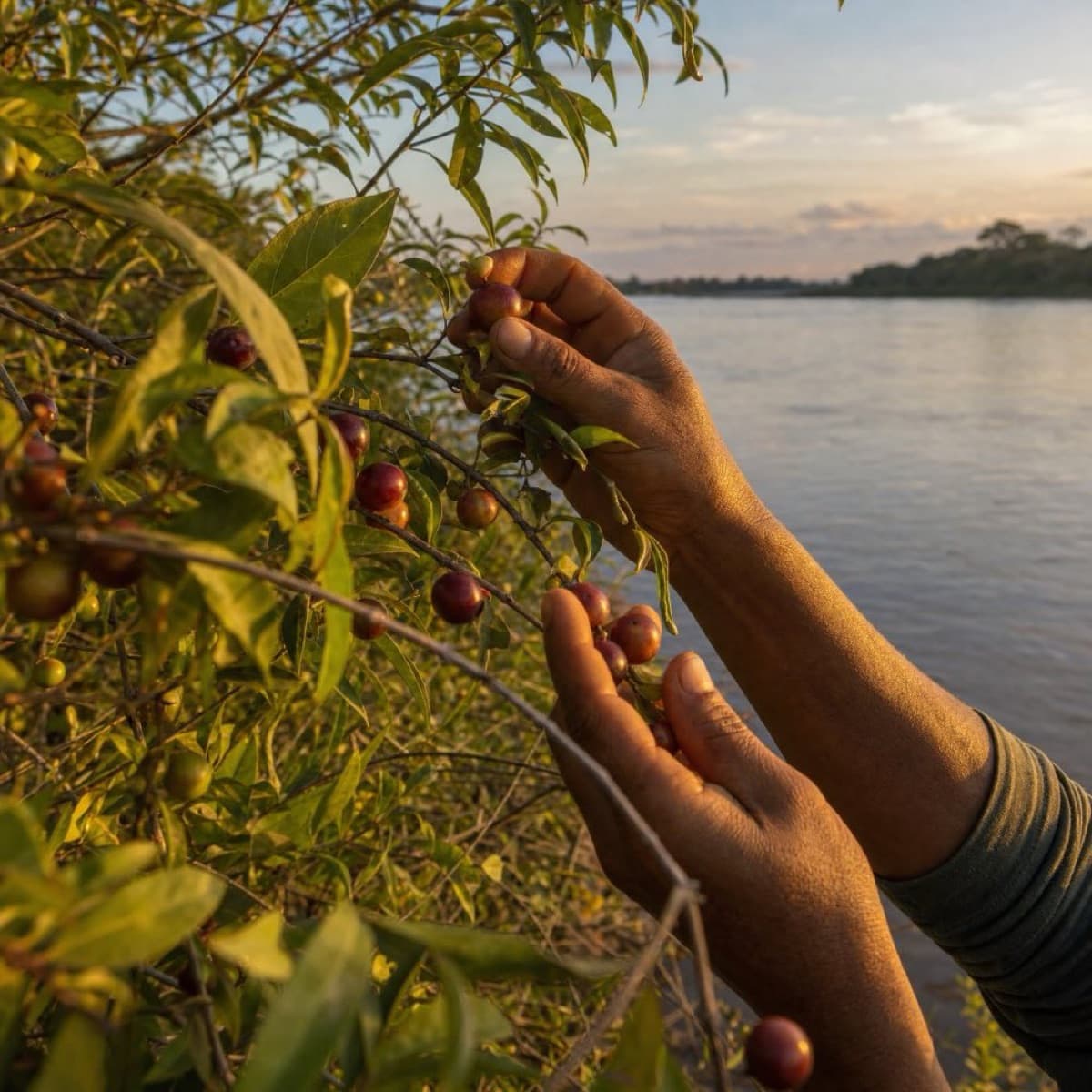 Récolte manuelle de baies de Camu Camu au bord d'une rivière amazonienne