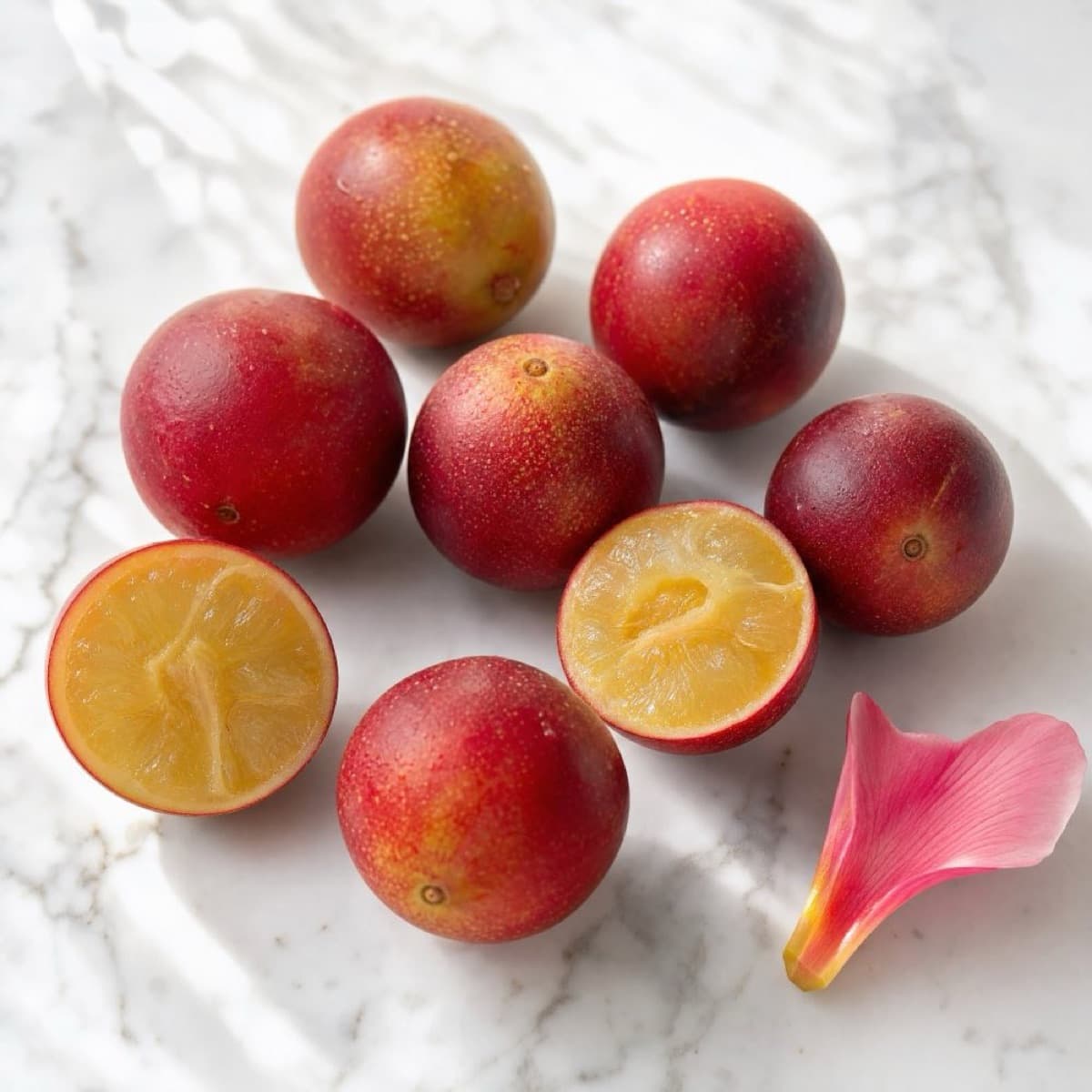 Baies de Camu Camu entières et coupées sur marbre blanc — pulpe orange vitaminée