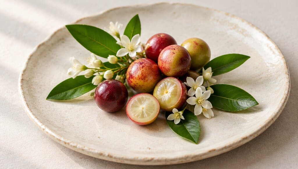 Fruits et fleurs blanches de camu camu sur assiette en ceramique creme