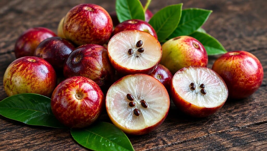 Baies de camu camu entieres et coupees montrant la chair et les graines sur bois sombre