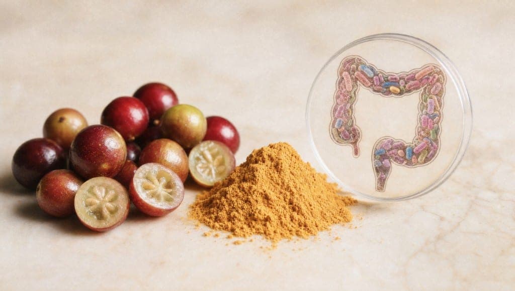 Essai Marette 2024 : −7,43 % de graisse hépatique sous camu camu, écart de 15,85 % vs placebo, microbiote intestinal