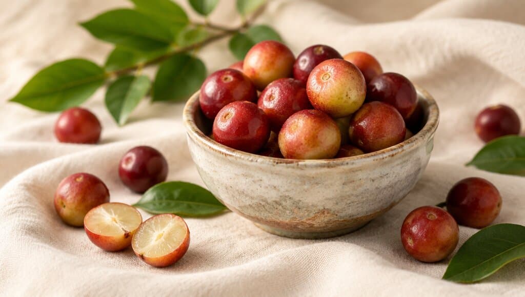 Baies de camu camu dans un bol en ceramique sur tissu creme