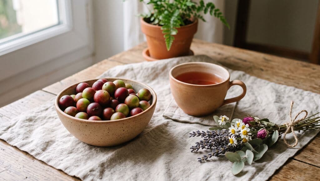 Bol de baies de camu camu, tasse d'infusion et petit bouquet de fleurs séchées sur une nappe de lin.