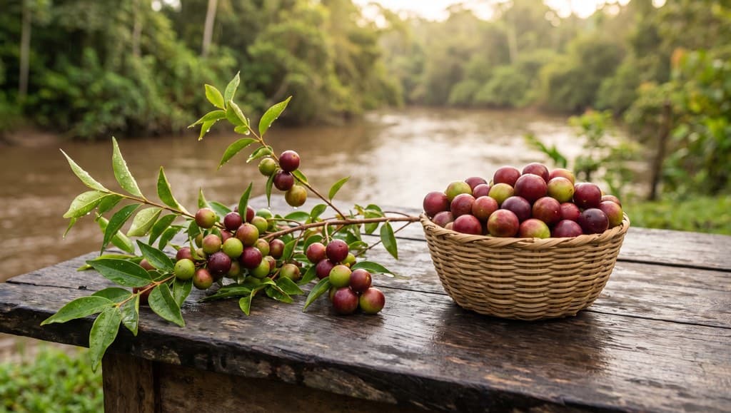 Branche de camu camu sauvage et panier de baies cultivées sur une table en bois, au bord d'un fleuve amazonien