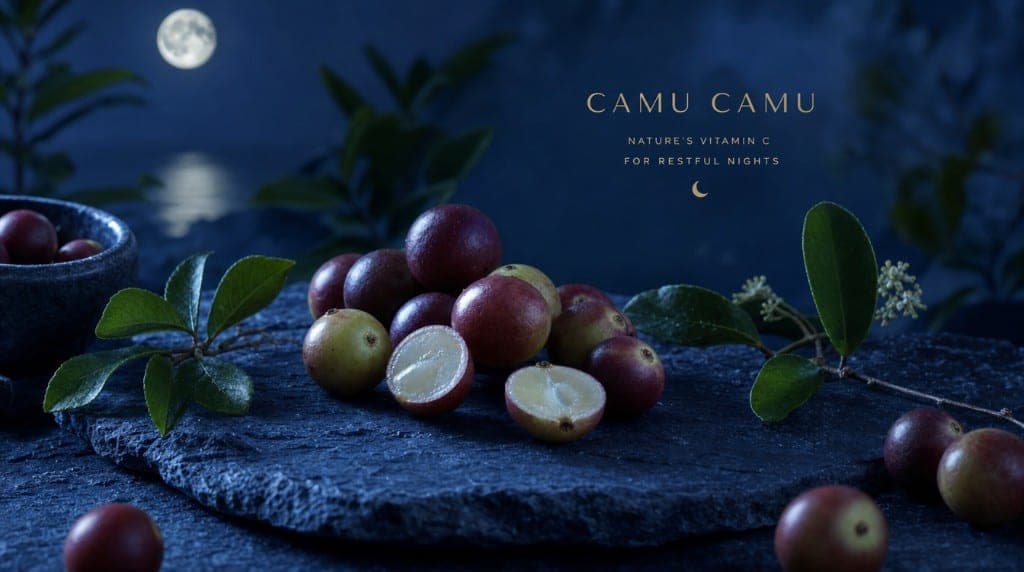 Camu Camu et sommeil : vitamine C cofacteur de la synthèse de sérotonine et mélatonine, réduction du cortisol nocturne,