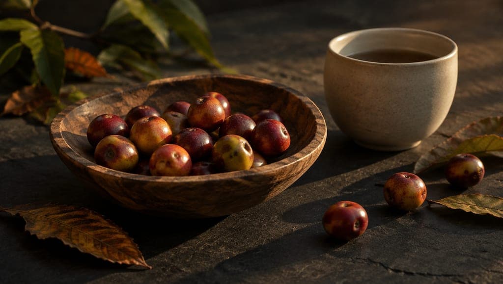 Baies de camu camu dans un bol en bois et une tasse en céramique unie, dans une lumière chaude de fin de journée, sur une ardoise noire.