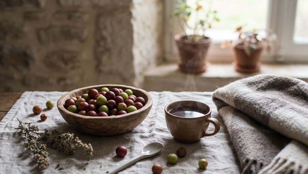 Bol en bois de baies de camu camu, tasse fumante et plaid de laine sur une nappe de lin, près d'une fenêtre.