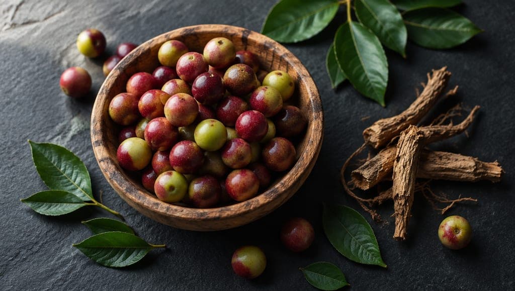 Baies de camu camu, rouge sombre et vert pâle, dans un bol en bois tourné posé sur une ardoise noire, avec des feuilles fraîches et quelques racines séchées sur le côté.