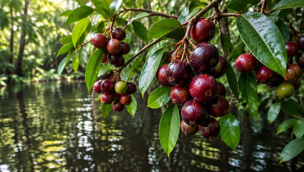 Baies de camu camu sur branche au-dessus d'une riviere amazonienne