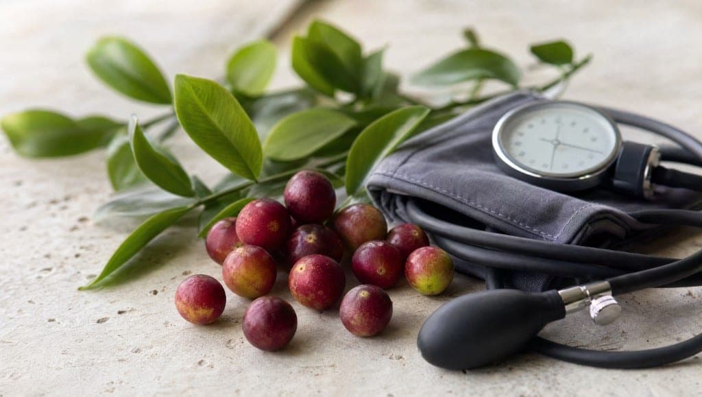 Baies de camu camu et branche feuillue posées près d'un brassard de tensiomètre manuel, sur une pierre claire