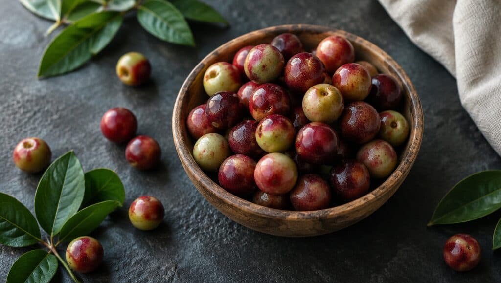 Baies de camu camu rouges et vertes dans un bol en bois tourné, quelques baies et des feuilles autour, un linge de lin clair au bord, sur une ardoise noire.