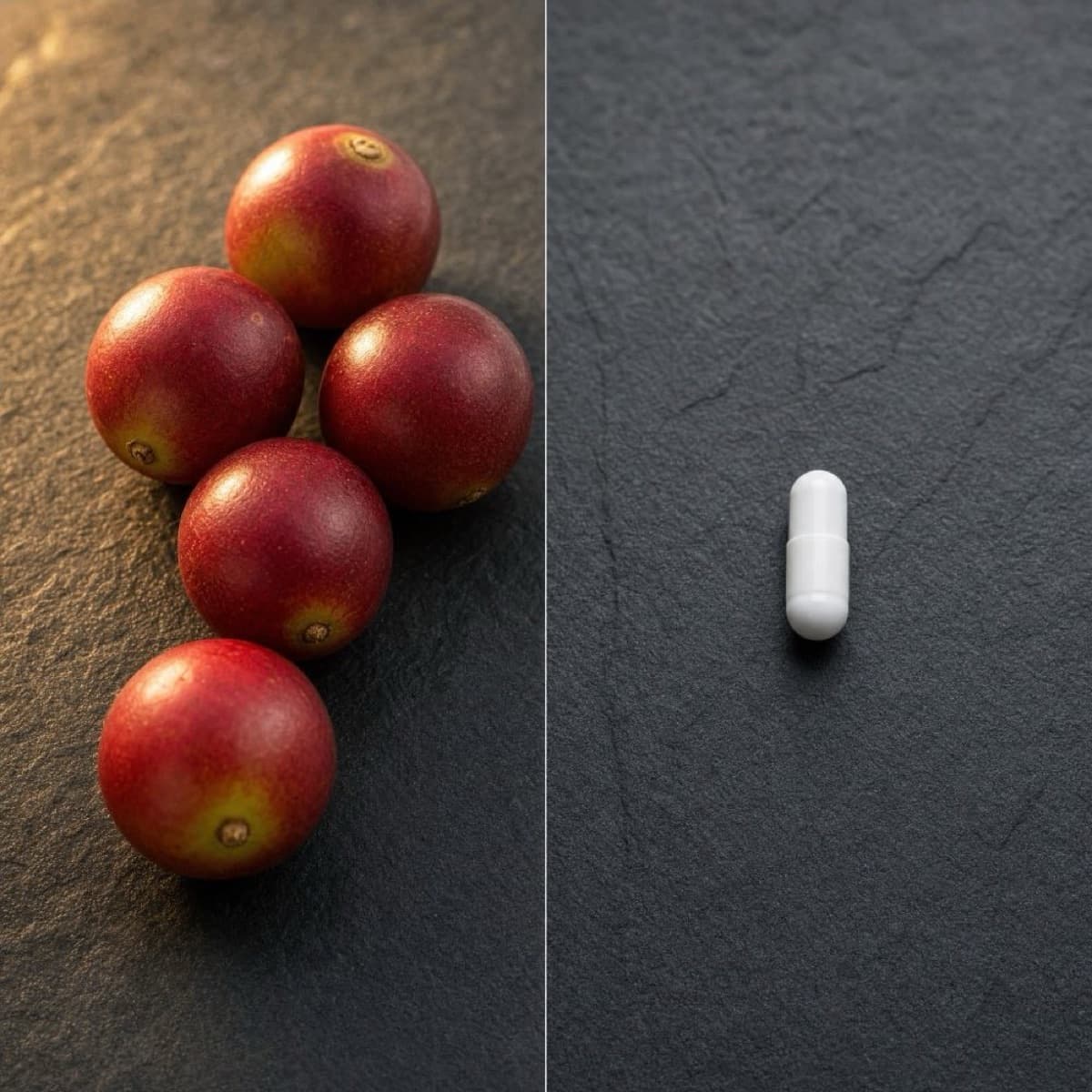 Camu Camu naturel face à une gélule de vitamine C synthétique — comparatif
