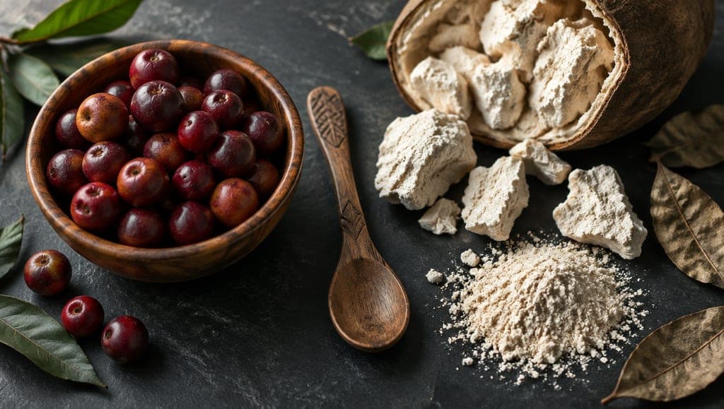 Baies de camu camu dans un bol en bois d'un côté, pulpe de baobab et un tas de poudre claire de l'autre, une cuillère en bois entre les deux, sur une ardoise noire.