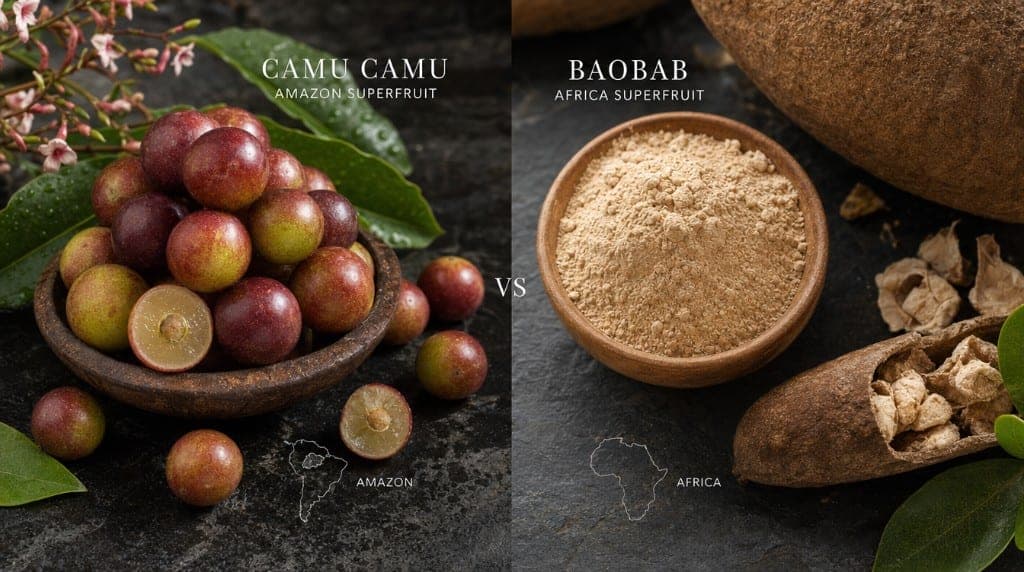 Camu Camu vs baobab : vitamine C, antioxydants, fibres prébiotiques. Comparatif objectif de deux superfruits pour choisi