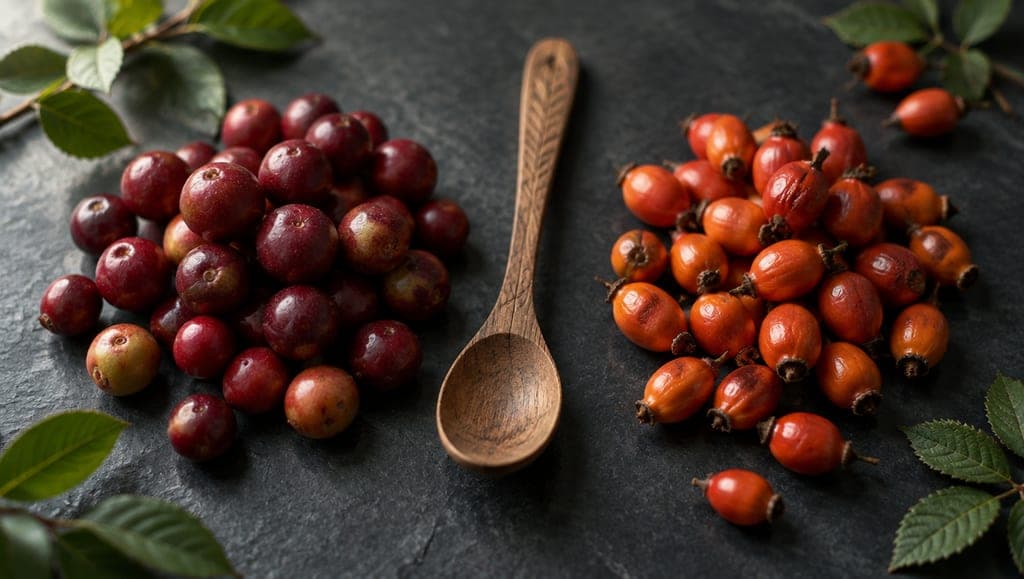 Un tas de baies de camu camu à gauche, un tas de cynorrhodons orange à droite, une cuillère en bois entre les deux, sur une ardoise noire.