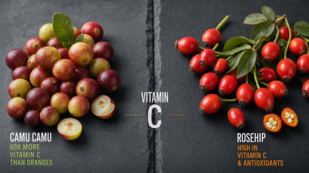Camu Camu vs cynorrhodon (rose hip) : comparatif vitamine C naturelle, bioflavonoïdes, biodisponibilité et rapport quali