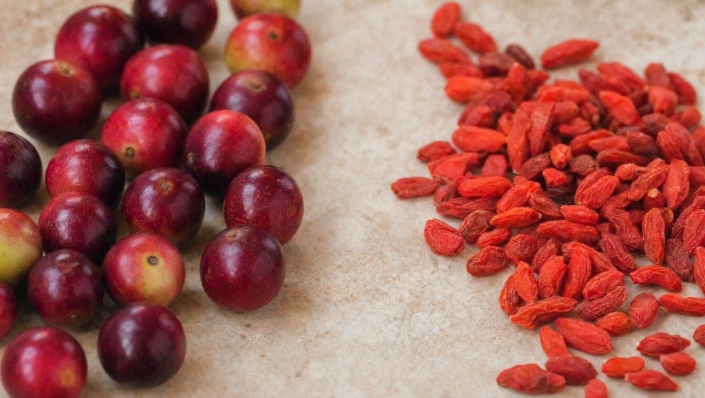 Camu camu et goji sont deux superfruits présentés pour leurs antioxydants. Comparatif des teneurs en vitamine C, des don
