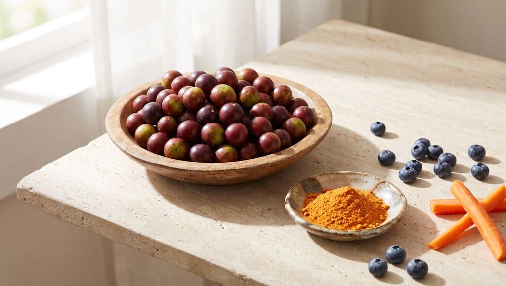 Bol en bois de baies de camu camu, coupelle de poudre orange, myrtilles et bâtonnets de carotte sur pierre claire.