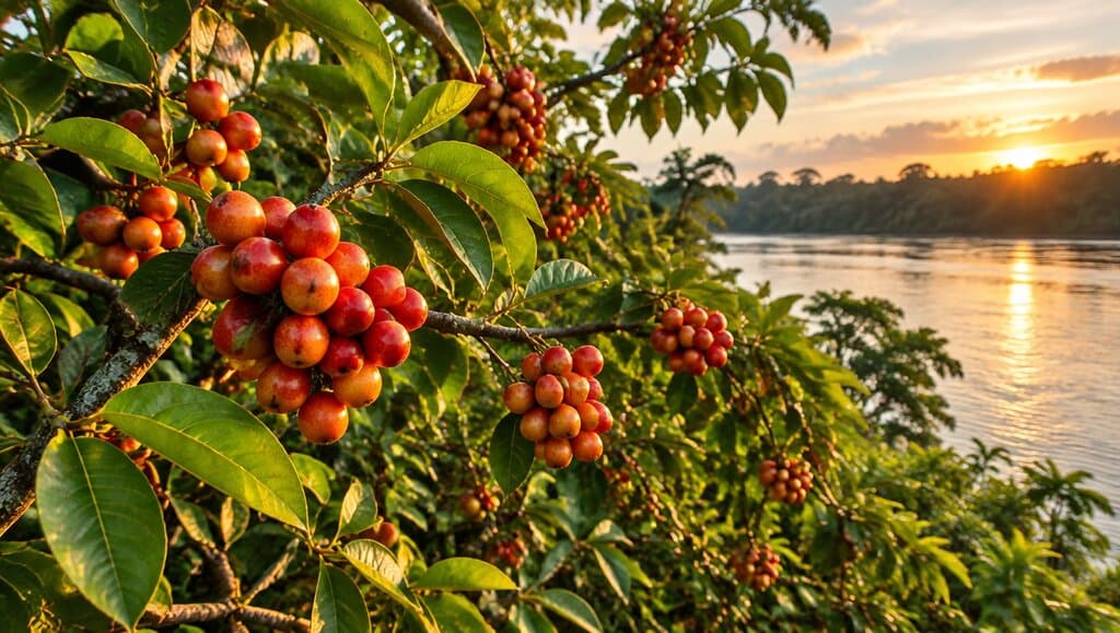 Arbre camu camu en habitat amazonien au bord de l'eau a l'heure doree