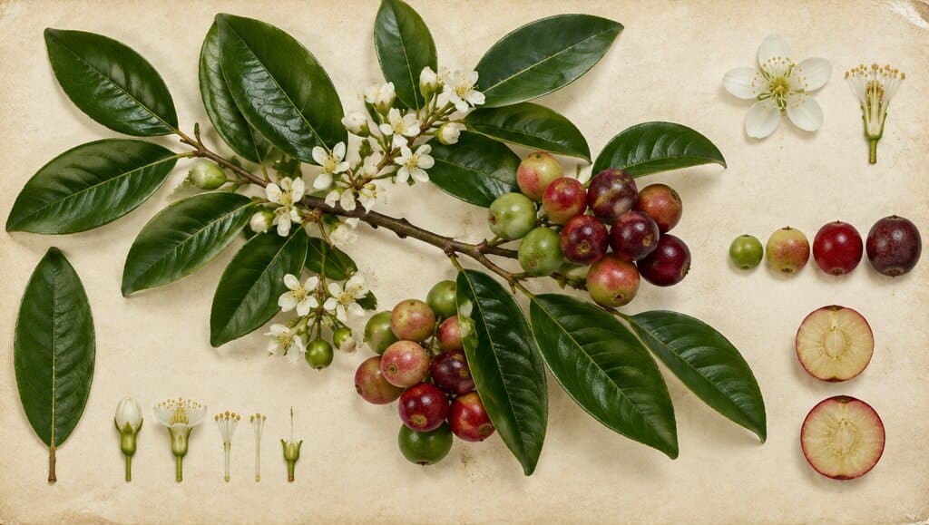 Specimen botanique de Myrciaria dubia : branche avec baies et feuilles sur papier creme.