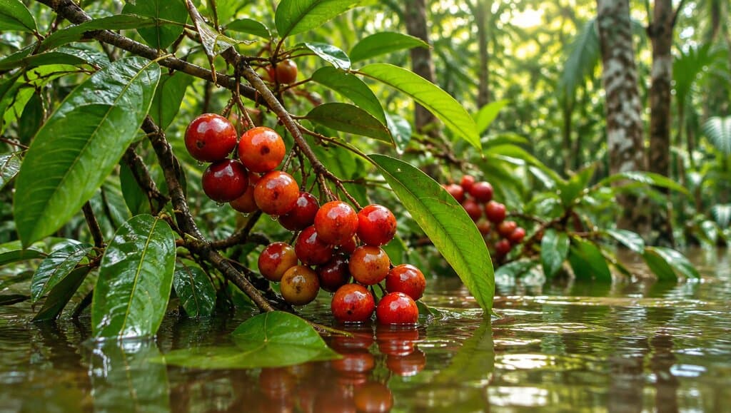 Baies de camu camu sur branche au-dessus de l'eau de crue amazonienne, feuillage tropical.