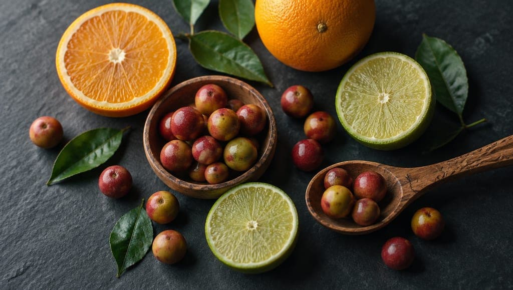 Orange et citrons verts coupés en deux, baies de camu camu dans un bol en bois et dans une cuillère, feuilles vertes, sur une ardoise noire.