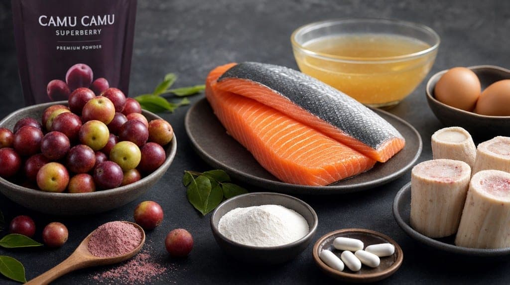 Vitamine C et collagène : cofacteur de la prolyl hydroxylase, synthèse de collagène de type I et III. Camu Camu comme so