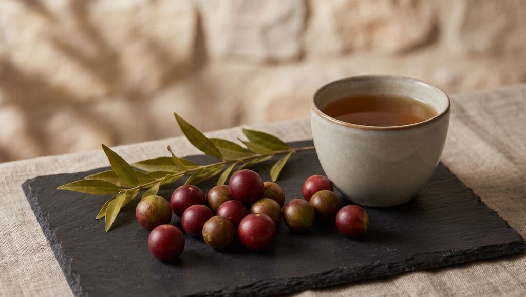Baies de camu camu et rameau de feuilles sur une ardoise, tasse d'infusion, mur de pierre en fond.