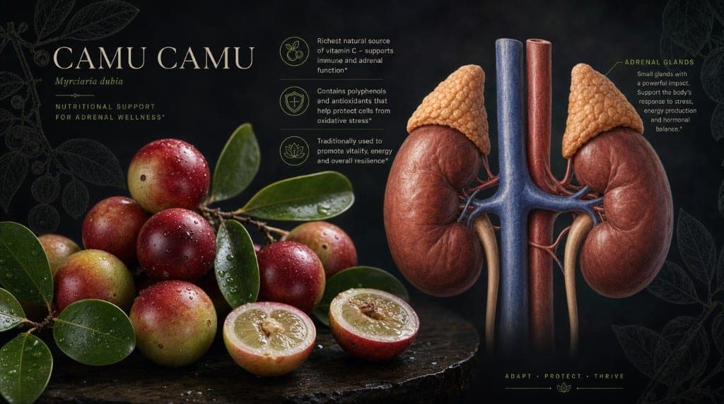 Vitamine C et cortisol : les surrénales consomment de la vitamine C pour synthétiser le cortisol. Camu Camu pour restaur