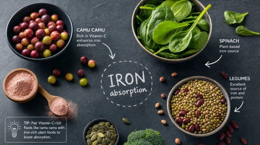 Infographie : baies et poudre de camu camu, épinards, légumineuses et graines disposés autour de la mention « iron absorption »