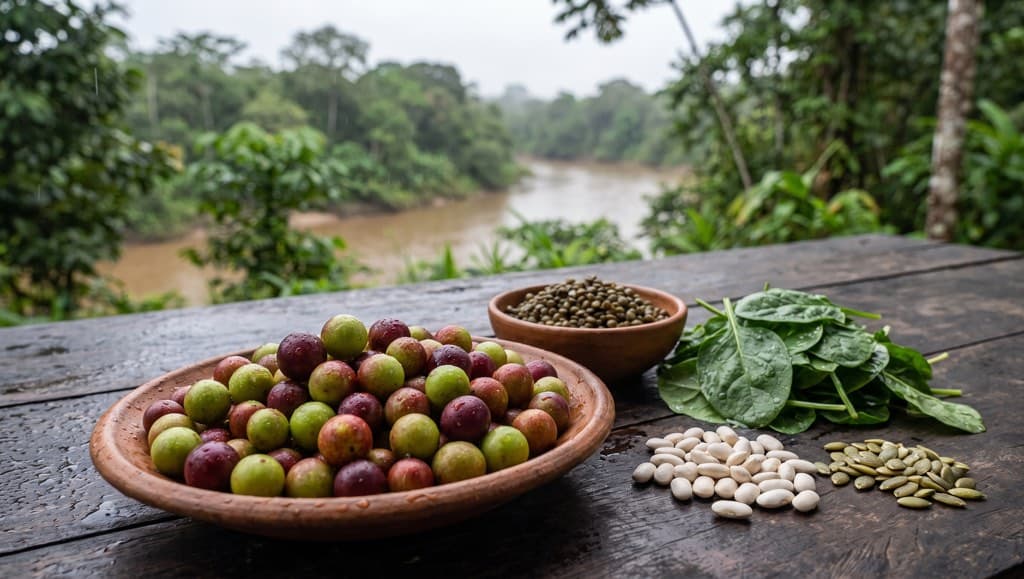 Baies de camu camu dans un plat en terre, à côté de lentilles, d'épinards, de haricots blancs et de graines de courge, sur une table en bois au bord d'un fleuve amazonien
