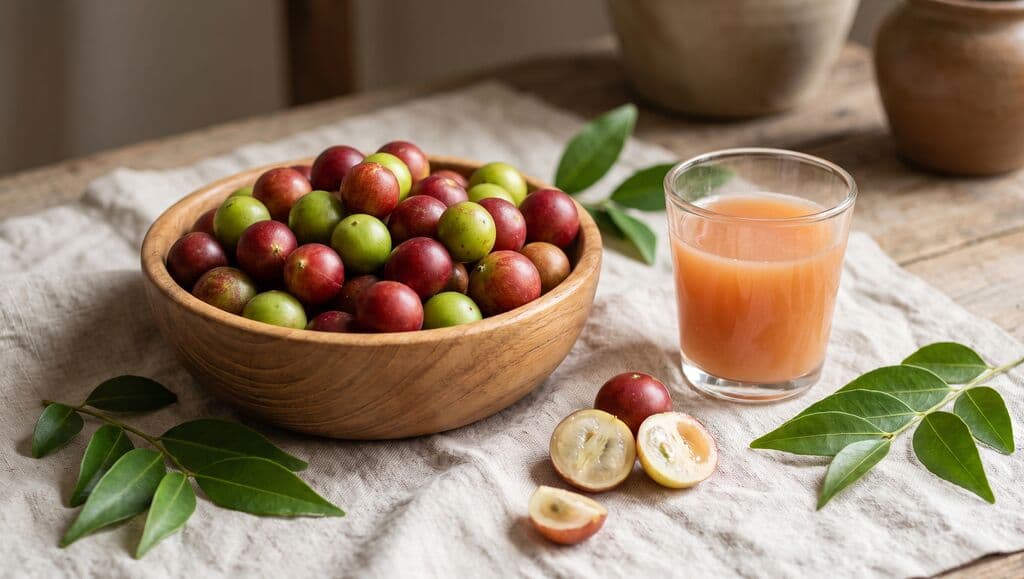 Bol en bois de baies de camu camu, deux moitiés coupées, verre de jus et feuilles vertes sur une nappe de lin.