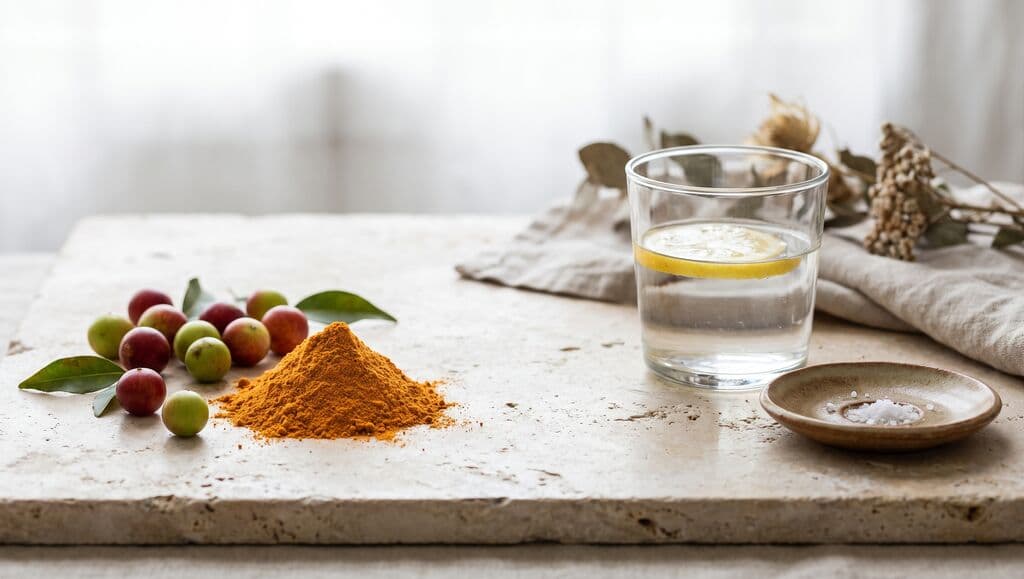 Baies et poudre orange de camu camu à gauche, verre d'eau citronnée et coupelle de granulés à droite.
