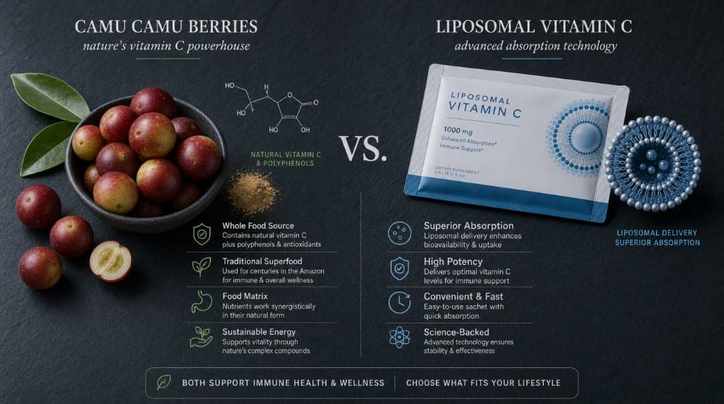 Vitamine C liposomale vs Camu Camu naturel : biodisponibilité comparée, coût-efficacité, quand choisir l'une ou l'autre.
